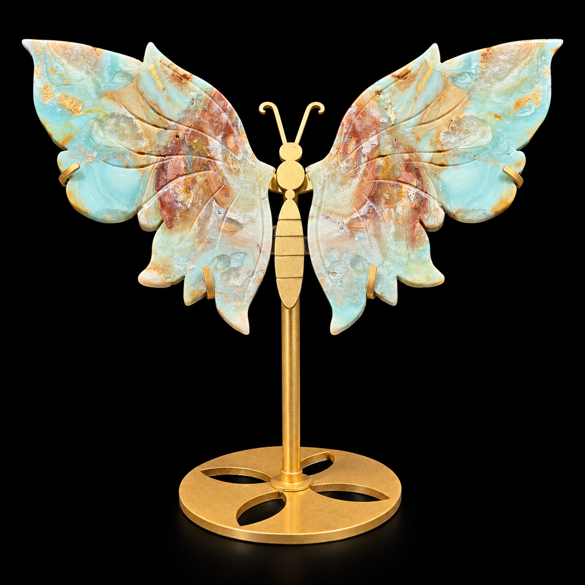Amazonite Butterfly Wing Pair on Gold Stand Large