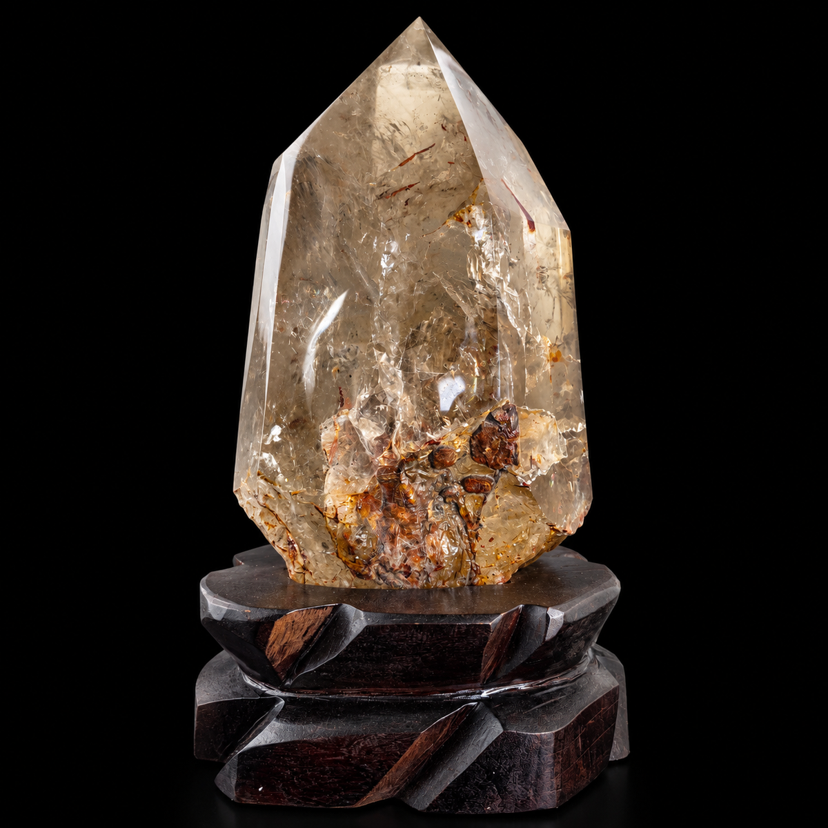 Smoky Garden Quartz Polished Large Specimen on Wooden Stand