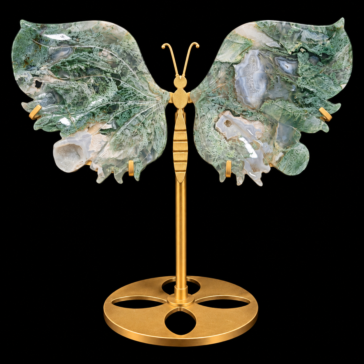 Moss Agate Butterfly Wing Pair on Gold Stand Large
