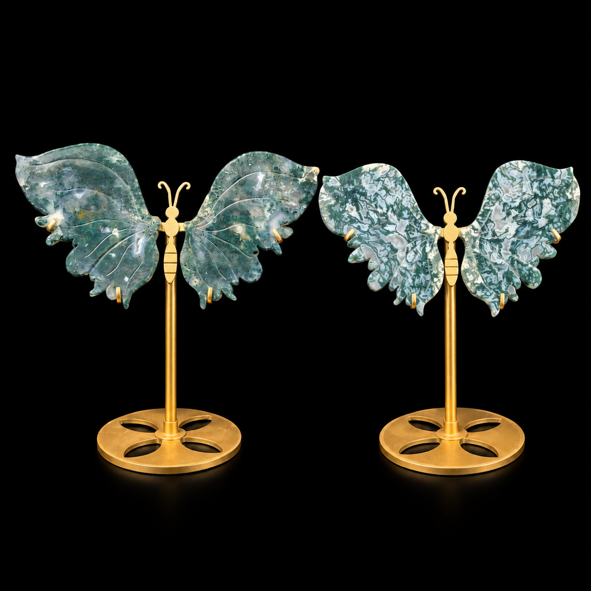 Moss Agate Butterfly Wing Pair on Gold Stand Medium