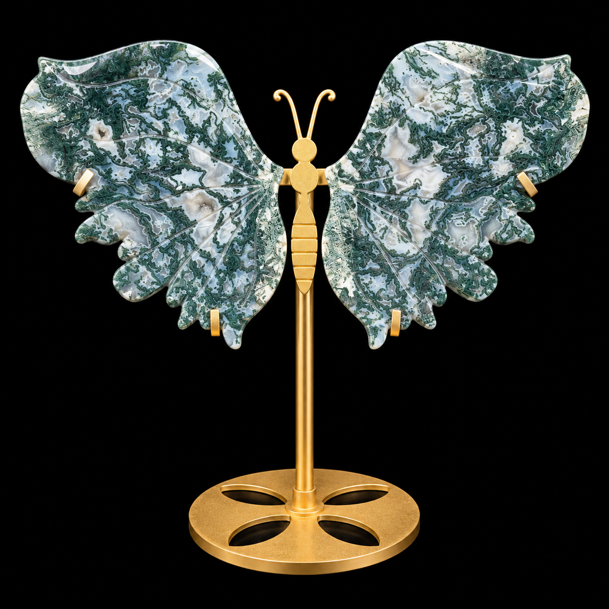Moss Agate Butterfly Wing Pair on Gold Stand Medium